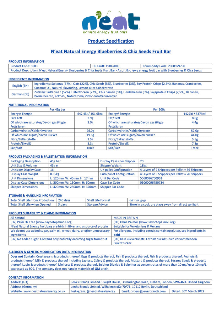 
                  
                    N'eat Blueberries & Chia Seeds Natural Energy Bars (16x45g)
                  
                